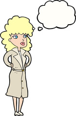 cartoon woman in trench coat with thought bubble
