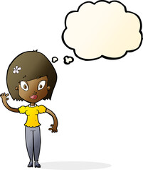 cartoon pretty woman waving with thought bubble