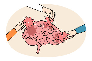 People hands put jigsaw puzzles into brain solve business problem. Businesspeople involved in team brainstorming find solution together. Teamwork thinking. Vector illustration.