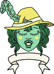 singing half orc bard character with banner illustration