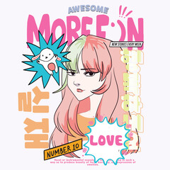 Anime Girl illustration with Korean slogans. Korean text means "real, be happy". Vector graphic design for t-shirt.