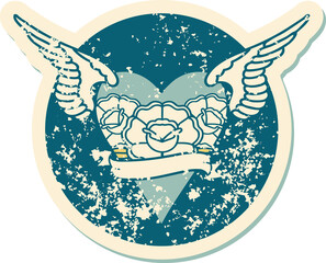distressed sticker tattoo style icon of a flying heart with flowers and banner