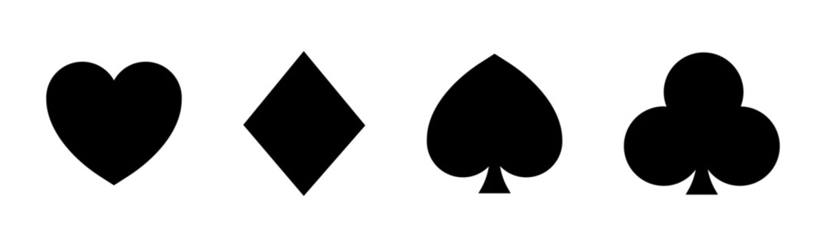 Playing card suit icons. Heart, dimond, club, spade shapes. Gamble game cards.