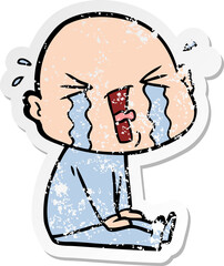 distressed sticker of a cartoon crying bald man