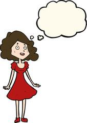 cartoon happy woman in dress with thought bubble