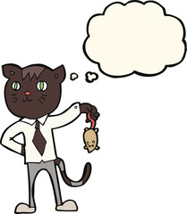 cartoon business cat with dead mouse with thought bubble