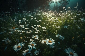 Fototapeta na wymiar Green field with blooming daisies. Illustration AI Generative. Generative AI
