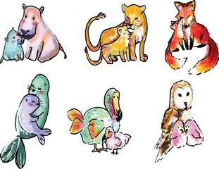 Hand Drawn Vector Watercolor Cute Doodle of Animals, Dodo, Lion, Hippo, Fox, Owl, Seals. Mother and Child. Bonding 6 Pairs Set © Gloriane