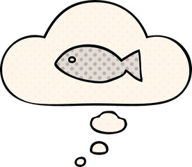 cartoon fish symbol and thought bubble in comic book style
