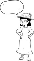speech bubble cartoon woman in sensible dress