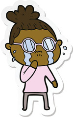 sticker of a cartoon crying woman wearing spectacles