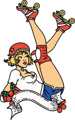 traditional tattoo of a pinup roller derby girl  with banner