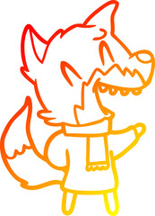 warm gradient line drawing laughing fox wearing winter clothes