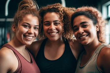 Fototapeta premium three female friends, young woman or teenager in row, happy joyful smile, fitness or gym or yoga, sports together in group. Generative AI