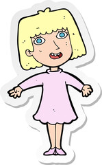 sticker of a cartoon happy woman in dress