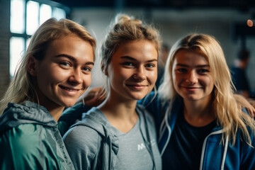 three female friends, young woman or teenager in row, happy joyful smile, fitness or gym or yoga, sports together in group. Generative AI