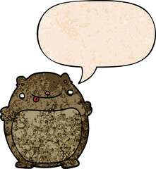 cartoon fat bear and speech bubble in retro texture style