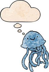 cartoon happy jellyfish and thought bubble in grunge texture pattern style
