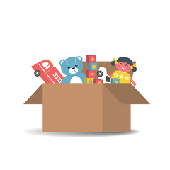 Toys in cardboard box. There is teddy bear, doll, toy cars, cubes in the picture. Vector illustration