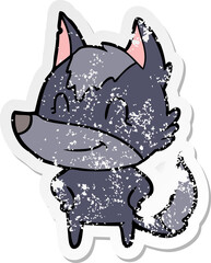distressed sticker of a friendly cartoon wolf