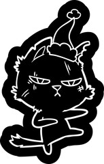 tough cartoon icon of a cat wearing santa hat