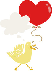 cartoon bird with heart balloon and thought bubble in retro style