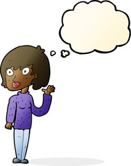 cartoon waving woman with thought bubble