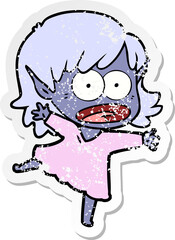 distressed sticker of a cartoon shocked elf girl