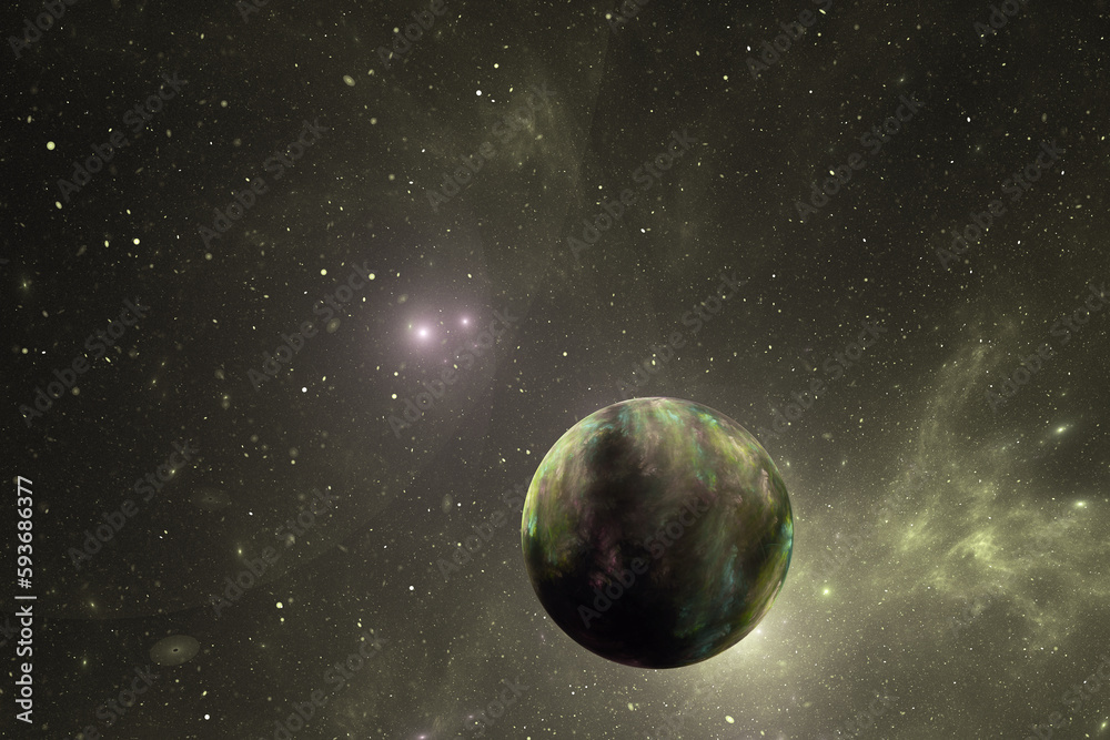 Wall mural yellow clouds of stardust with a big planet in black space. abstract fractal 3d rendering