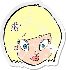 retro distressed sticker of a cartoon happy female face