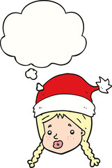 cartoon girl wearing christmas hat and thought bubble
