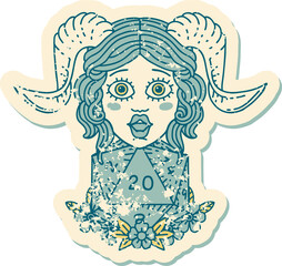 tiefling with D20 natural twenty dice roll illustration