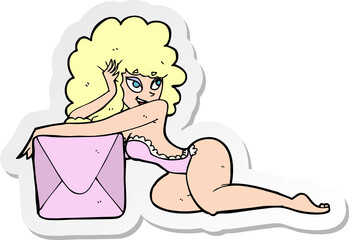 sticker of a cartoon pin up woman with box © lineartestpilot