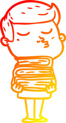 warm gradient line drawing cartoon model guy pouting holding books