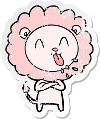distressed sticker of a happy cartoon lion