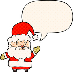 cartoon santa claus waving and speech bubble in comic book style