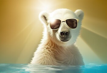Polar bear in glasses basks in the sun.illustration. AI generative.