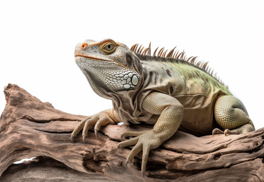 Detailed studio portrait of iguana on a tree branch, isolated on white background, generative ai
