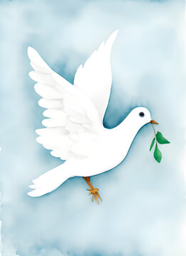 watercolor painted dove of peace with a green branch on a blue background, generative ai