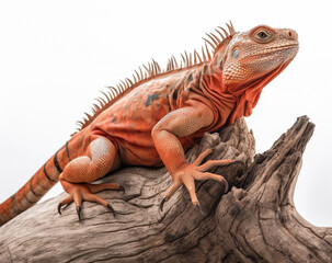 Obraz premium Detailed studio portrait of a red iguana on a tree branch, isolated on a white background, generative ai