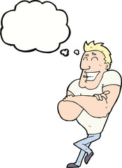 cartoon muscle guy with thought bubble