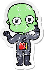 distressed sticker of a cartoon weird bald spaceman