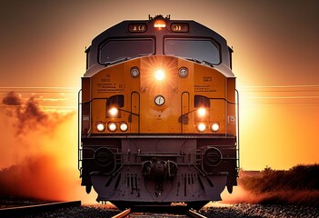 Power efficient locomotive at front view in the railway illustration. AI generative. - obrazy, fototapety, plakaty