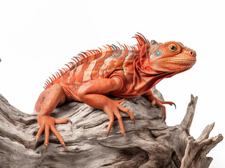 Naklejka premium Detailed studio portrait of a red iguana on a tree branch, isolated on a white background, generative ai