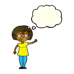cartoon happy woman pointing with thought bubble