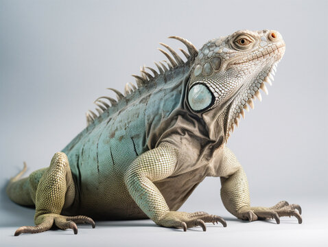 Detailed studio portrait of iguana, isolated on white background, generative ai