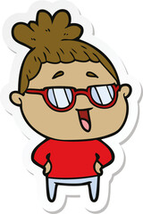 sticker of a cartoon happy woman wearing spectacles