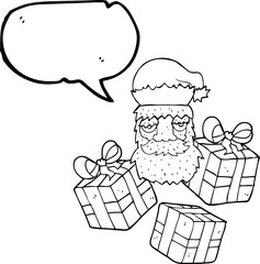 speech bubble cartoon tired santa claus face with presents