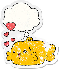 cute cartoon fish with love hearts and thought bubble as a distressed worn sticker
