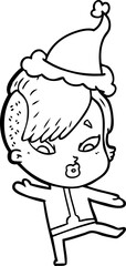 line drawing of a surprised girl in science fiction clothes wearing santa hat